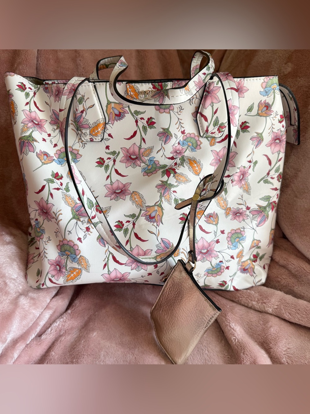 Nine West Floral Print Women's Tote Bag with Gold Accent - Pink Floral